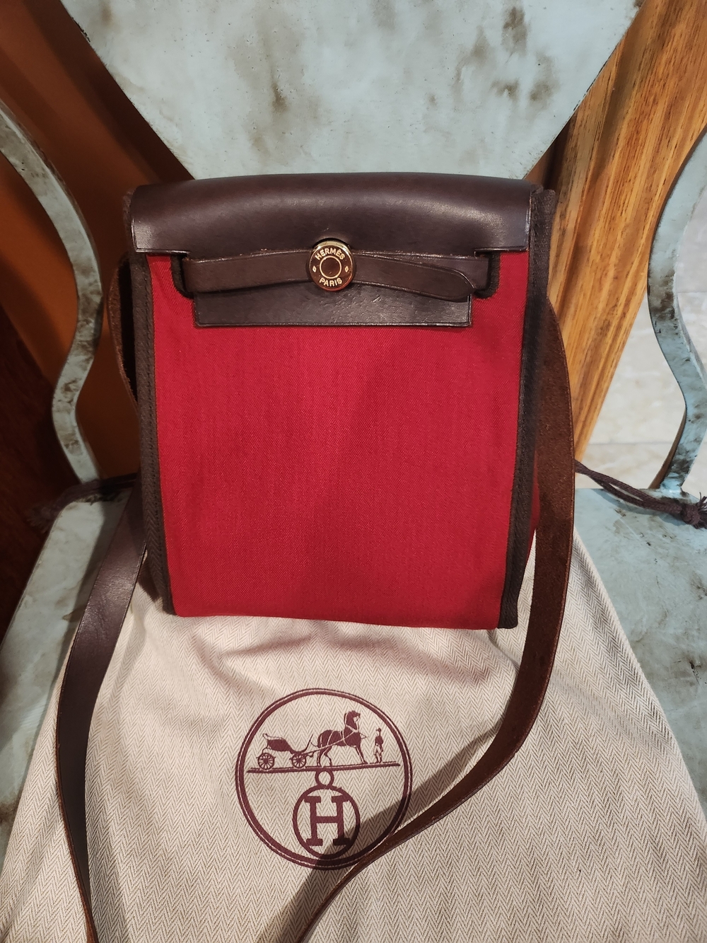 Hermes Toile Her Bag TPM Red Canvas and Brown Leather Crossbody
